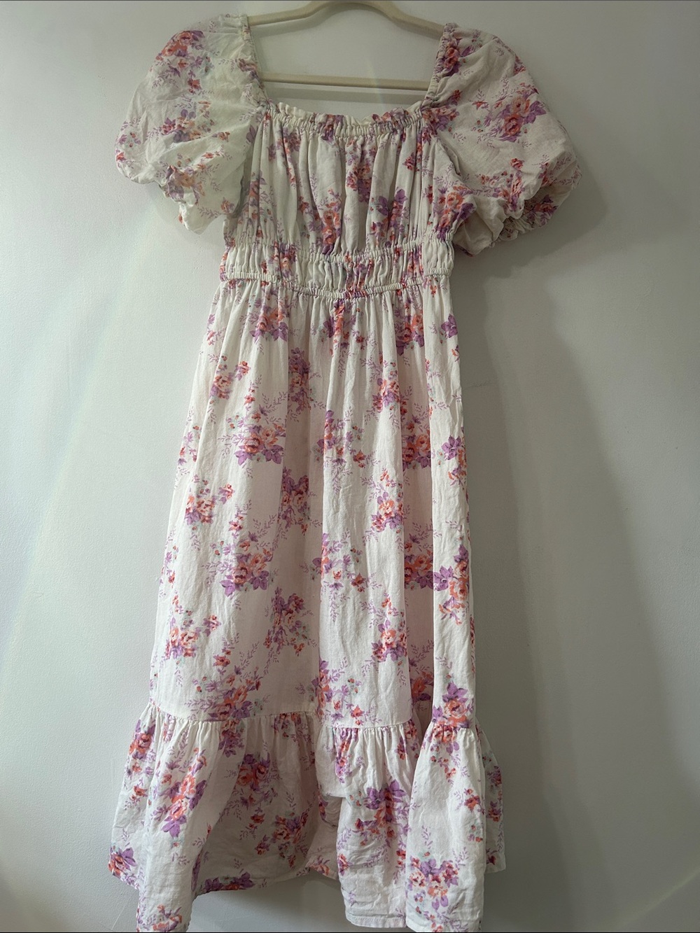 Dizzy Lizzy Dress Floral Puff-Sleeve Smocked Waist Ruffle Tier Hem Cottage Midi - Picture 16 of 16